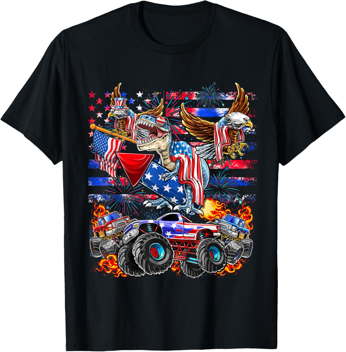 4th of July Dinosaur Monster Truck Bald Eagle American Flag T-Shirt for Women Kids Men