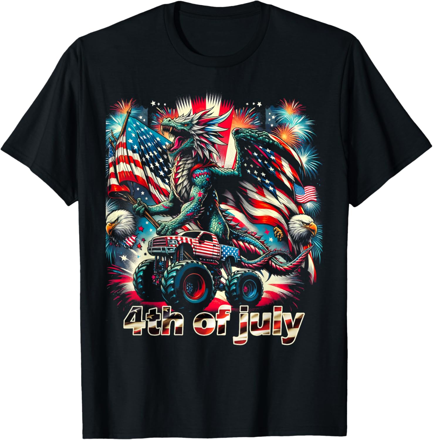 4th of July Dragon Monster Truck Bald Eagle American Flag T-Shirt for Women Kids Men