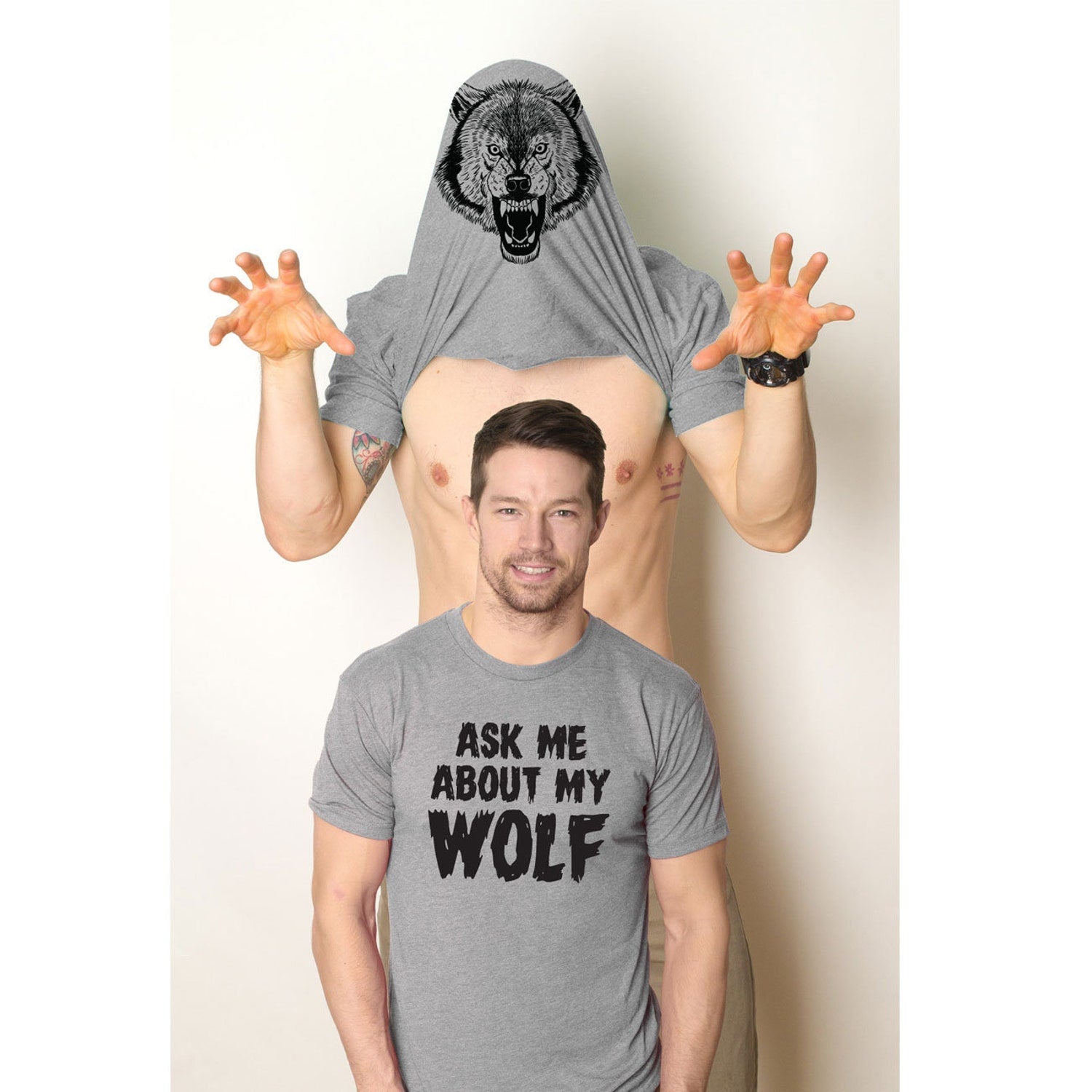 'Ask Me About My Wolf' Wolf Flip Tee - Funny Graphic Novelty Humor Shirt