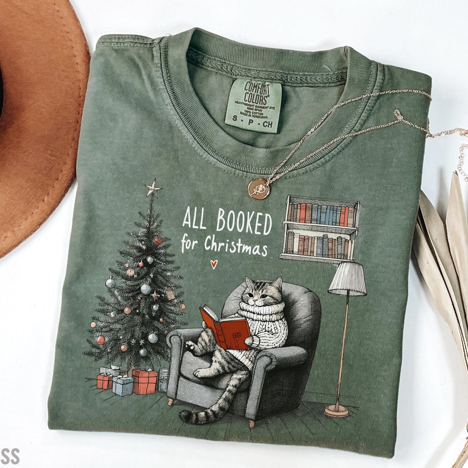 'All Booked for Christmas' Bookish Cat Tee - Cute Winter Holiday Graphic Shirt