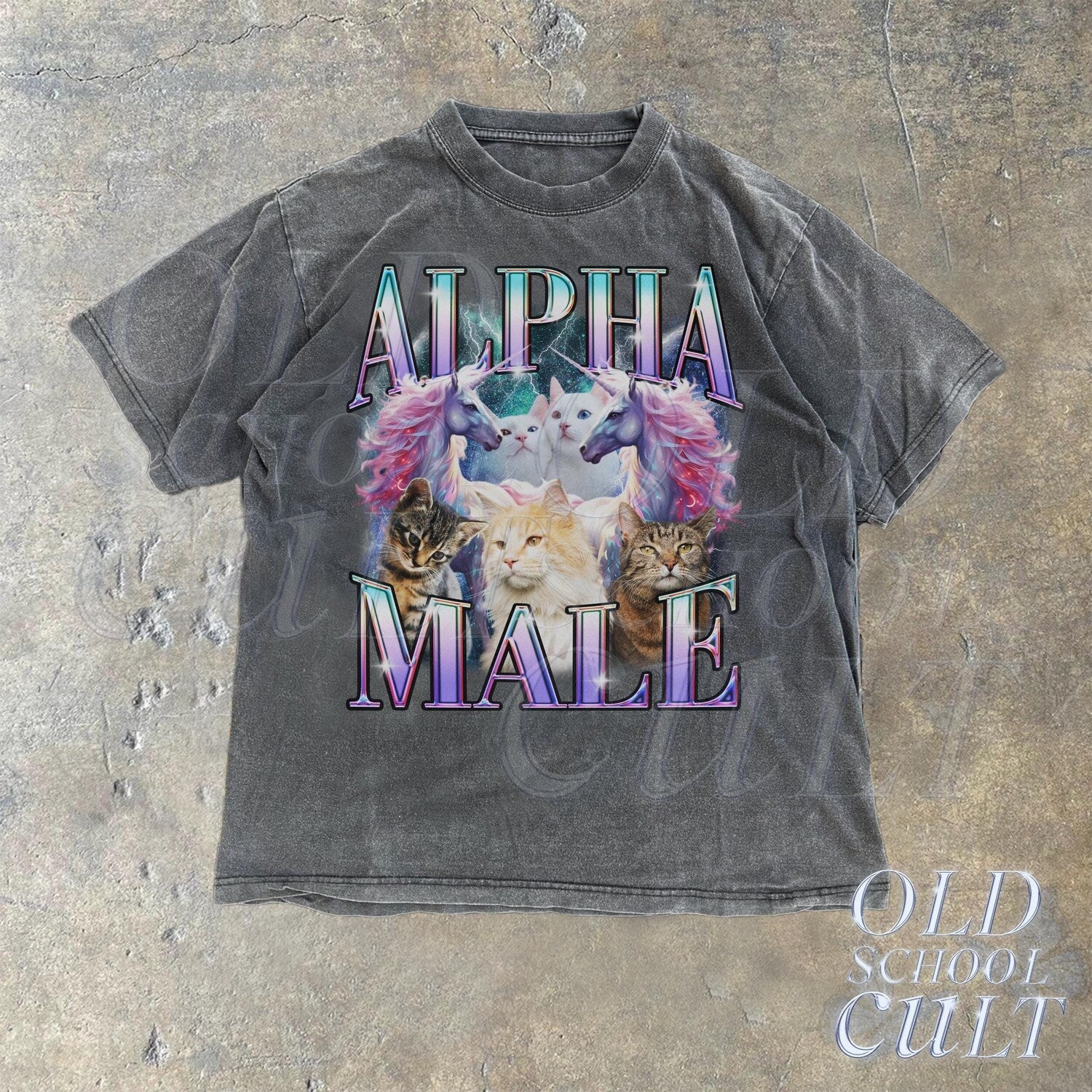 'Alpha Male Unicorn Cat' Ironic 90s Tee - Funny Weird Meme Graphic Novelty Shirt