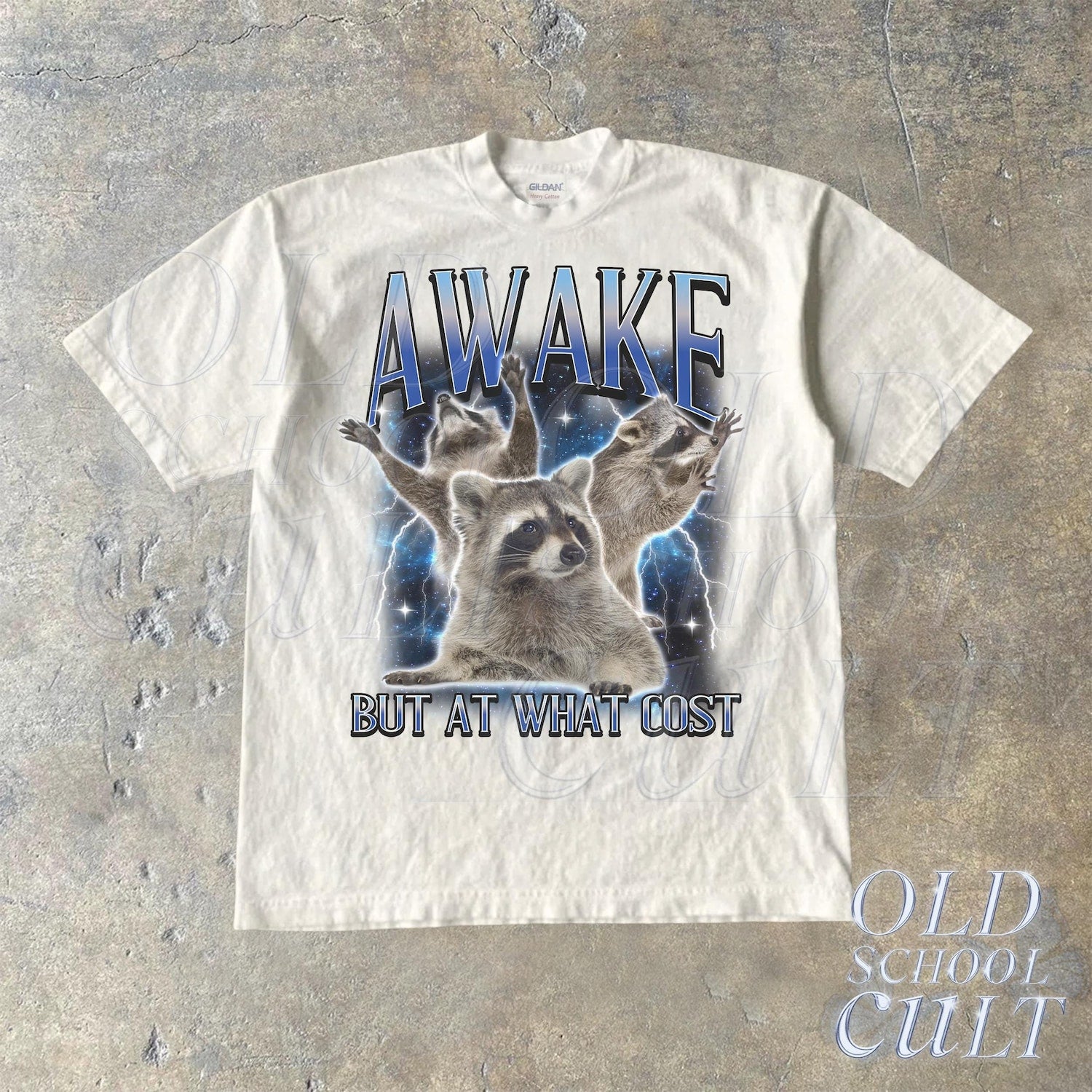 'Awake But At What Cost' Raccoon Meme Tee - Retro Sarcastic Graphic Novelty Shirt