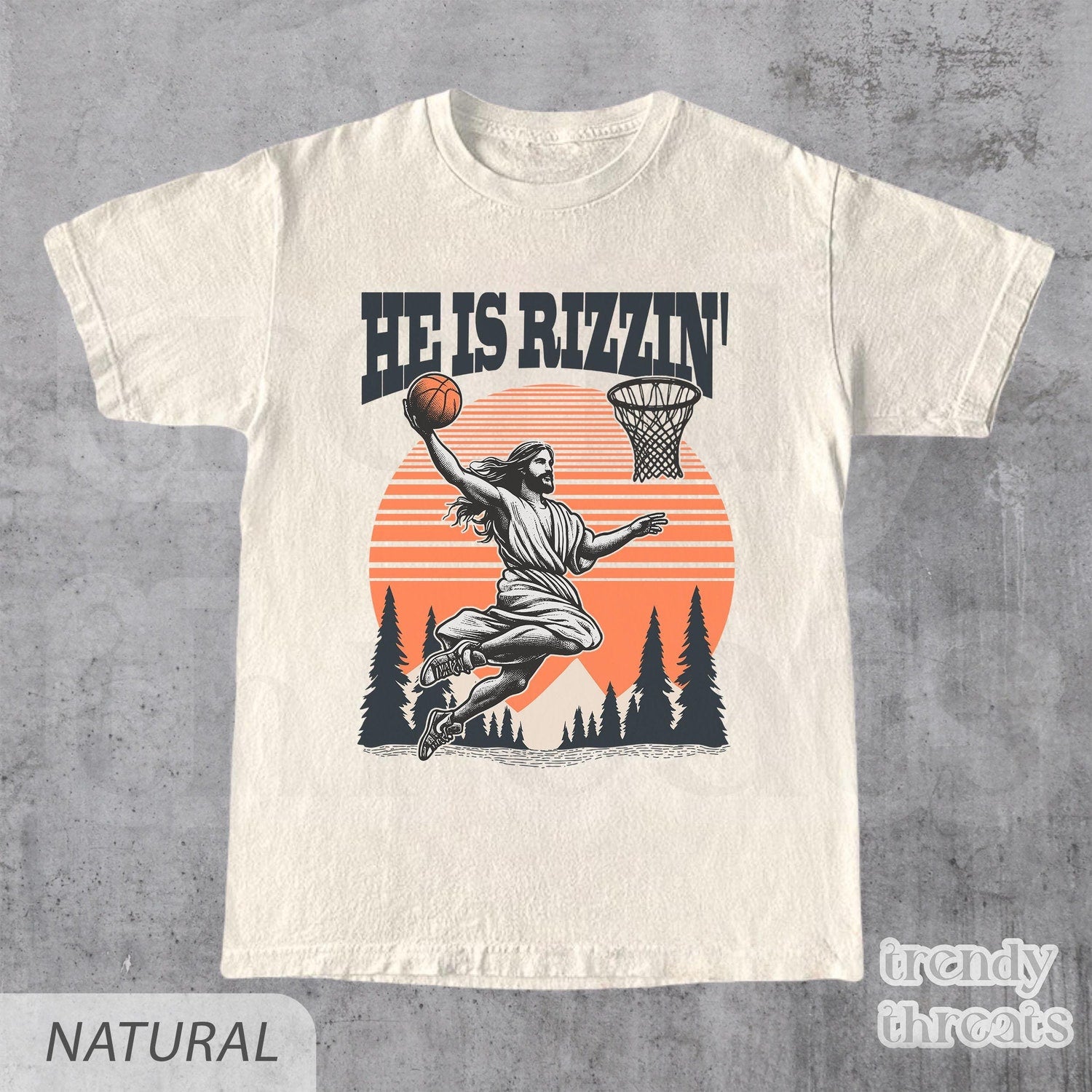 'He Is Rizzin' Jesus Basketball Tee - Funny Vintage Faith Graphic Novelty Shirt