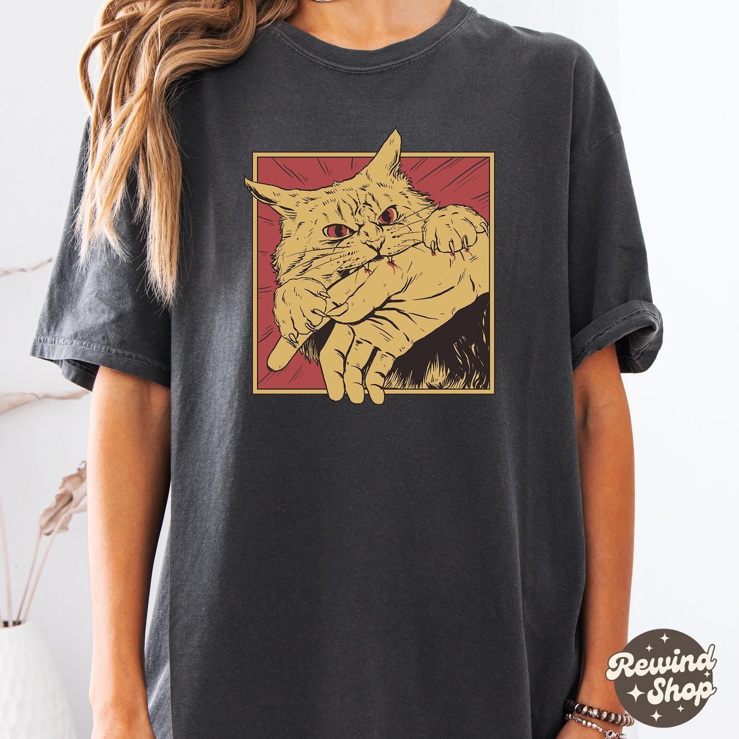 'Cat Bite Japanese Horror' Retro Anime Tee - Scary Cat Graphic Novelty Shirt