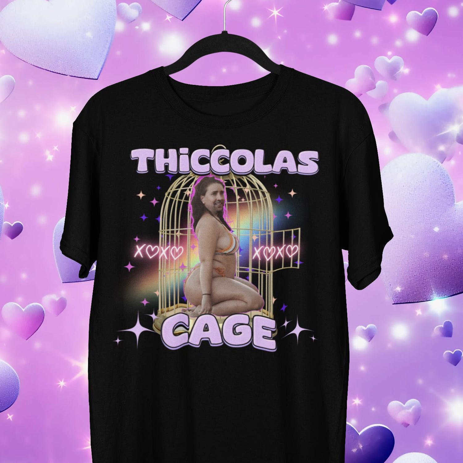 'Thiccolas Cage' Celebrity Meme Tee - Gag Unhinged Cursed Graphic Novelty Shirt