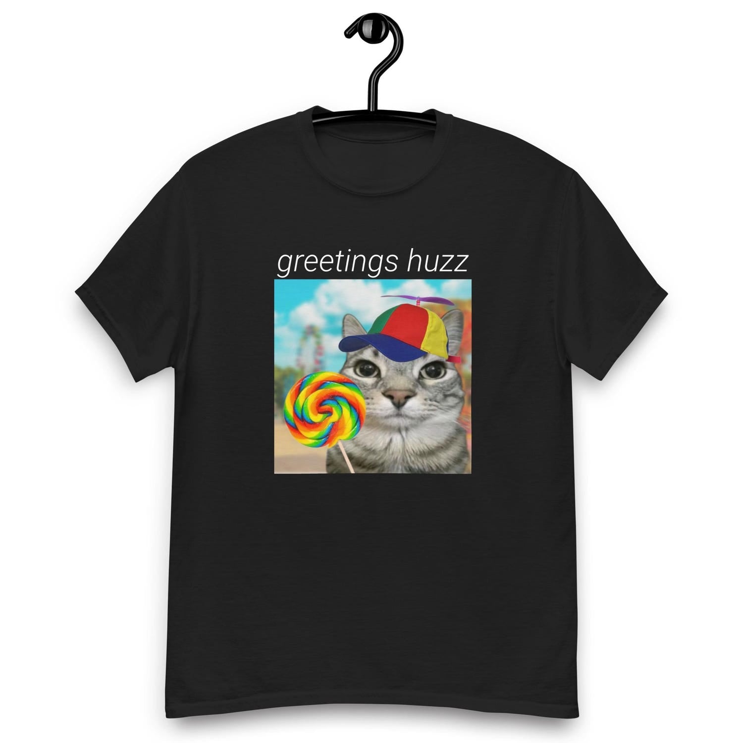 'Greetings Huzz' Silly Cat Meme Tee - Gen Z Funny Animal Graphic Shirt