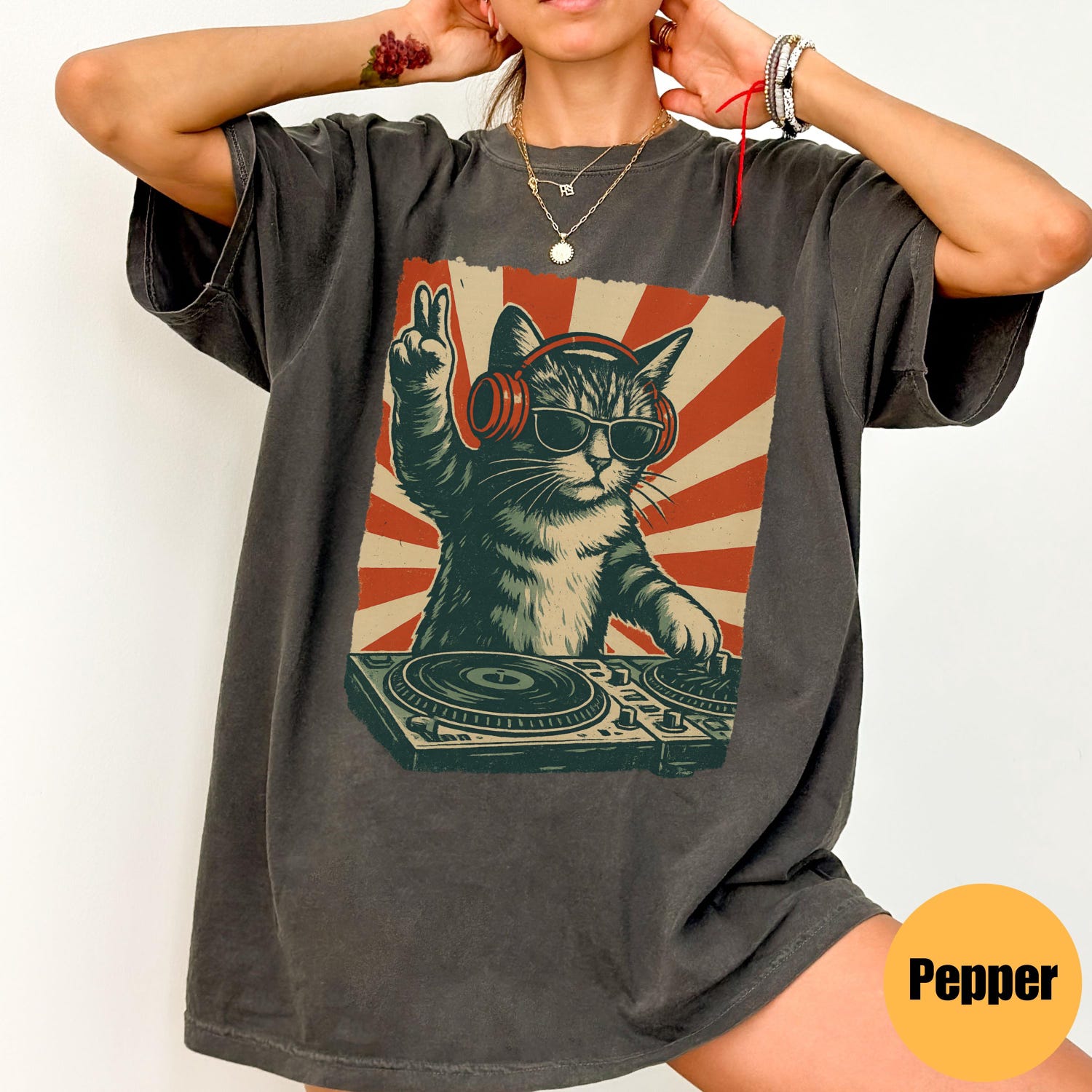 'DJ Cat' Cool Headphones Graphic Tee - Funny Cat Lover Trendy Novelty Shirt