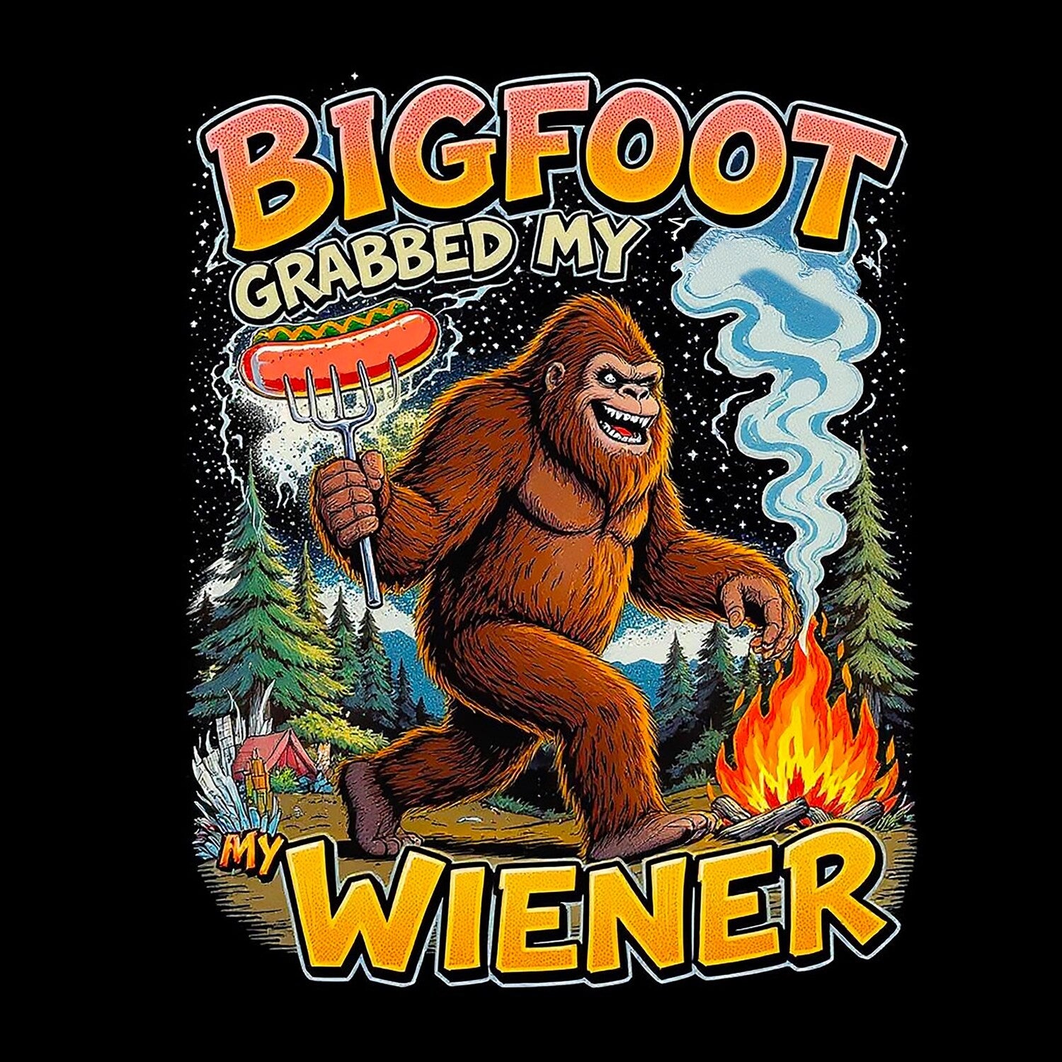 'Bigfoot Grabbed My Wiener' Sasquatch Tee - Funny Camping Hot Dog Humor Shirt