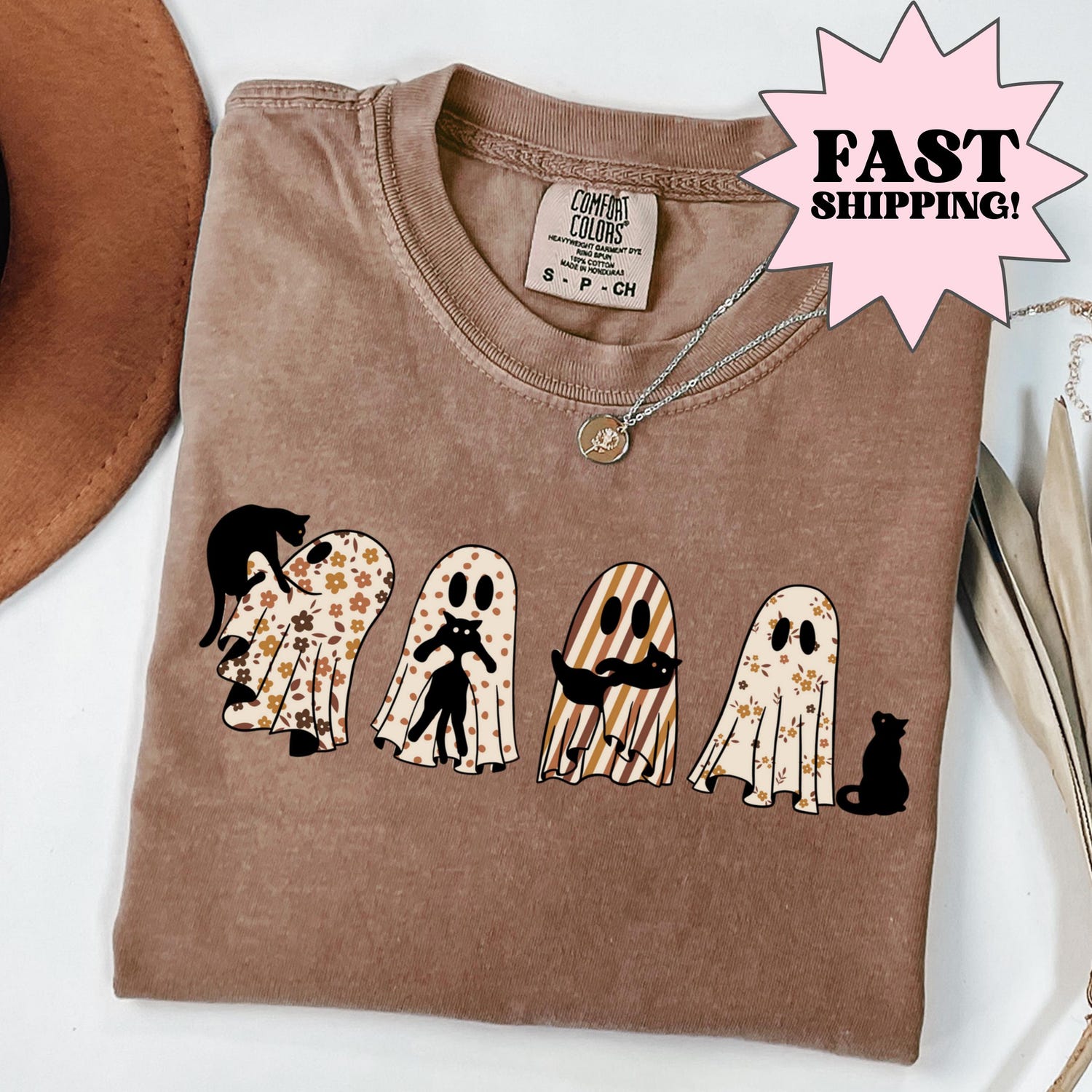 'Halloween Ghost Cat' Spooky Comfort ColorsÂ® Tee - Cute Fall Graphic Novelty Shirt