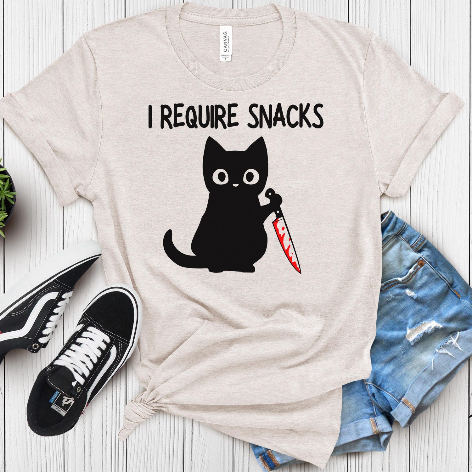 'I Require Snacks' Black Cat Knife Tee - Funny Angry Cat Meme Shirt