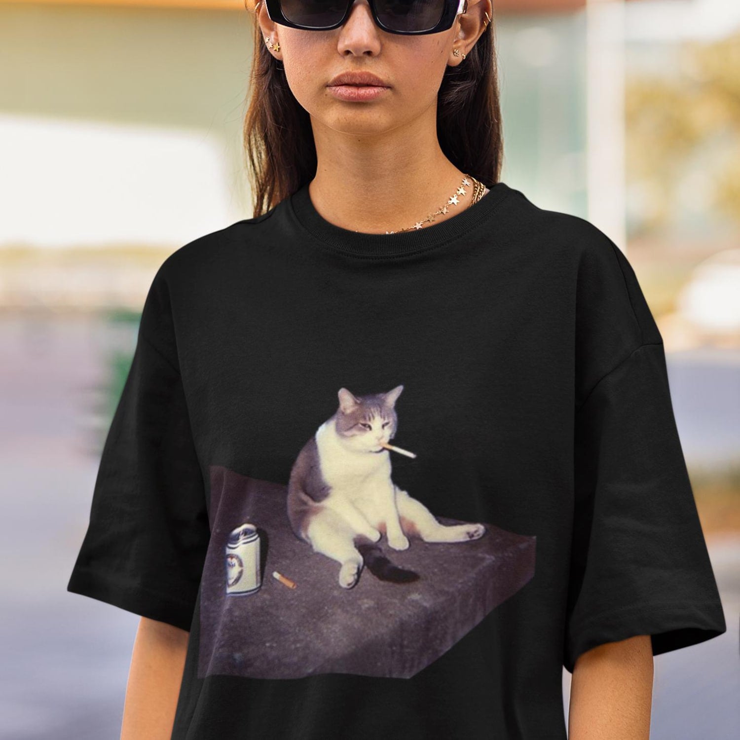 Smoking Cat Funny Meme Cat Lover Gift Cigarette Beer Graphic Unisex T-Shirt