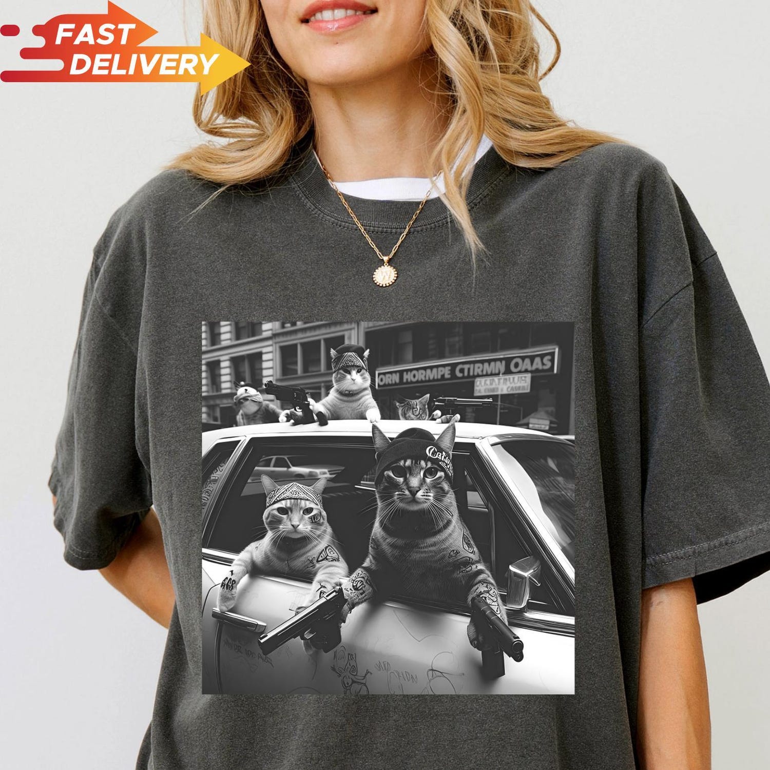 'Cat Gang' Funny Vintage Meme Tee - Sarcastic Oversized Graphic Novelty Shirt