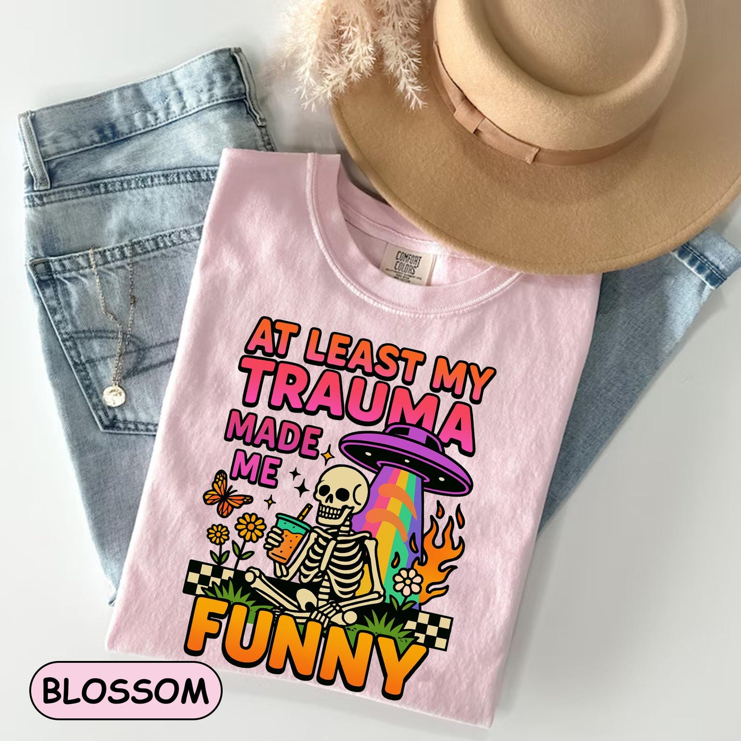 'Trauma Made Me Funny' Skeleton Meme Tee - Sarcastic Anxiety Mental Health Shirt