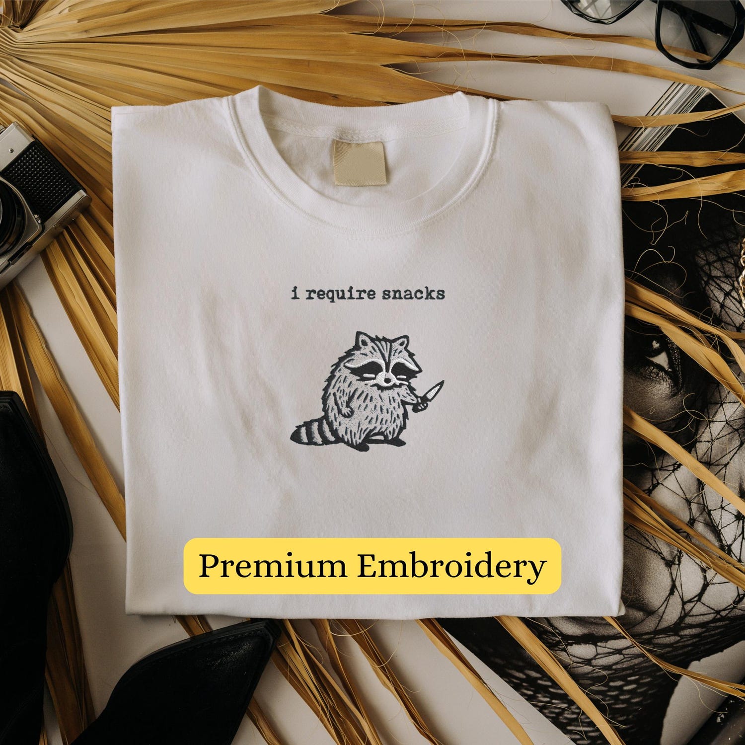 'Embroidered Raccoon I Require Snacks' Goblincore Tee - Funny Trash Panda Humor Shirt