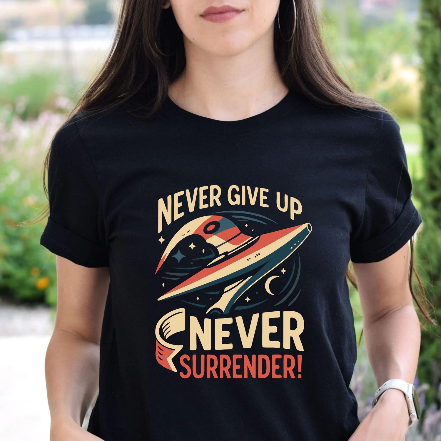 'Never Give Up Never Surrender' Galaxy Quest Inspired Tee - Retro Graphic Novelty Shirt