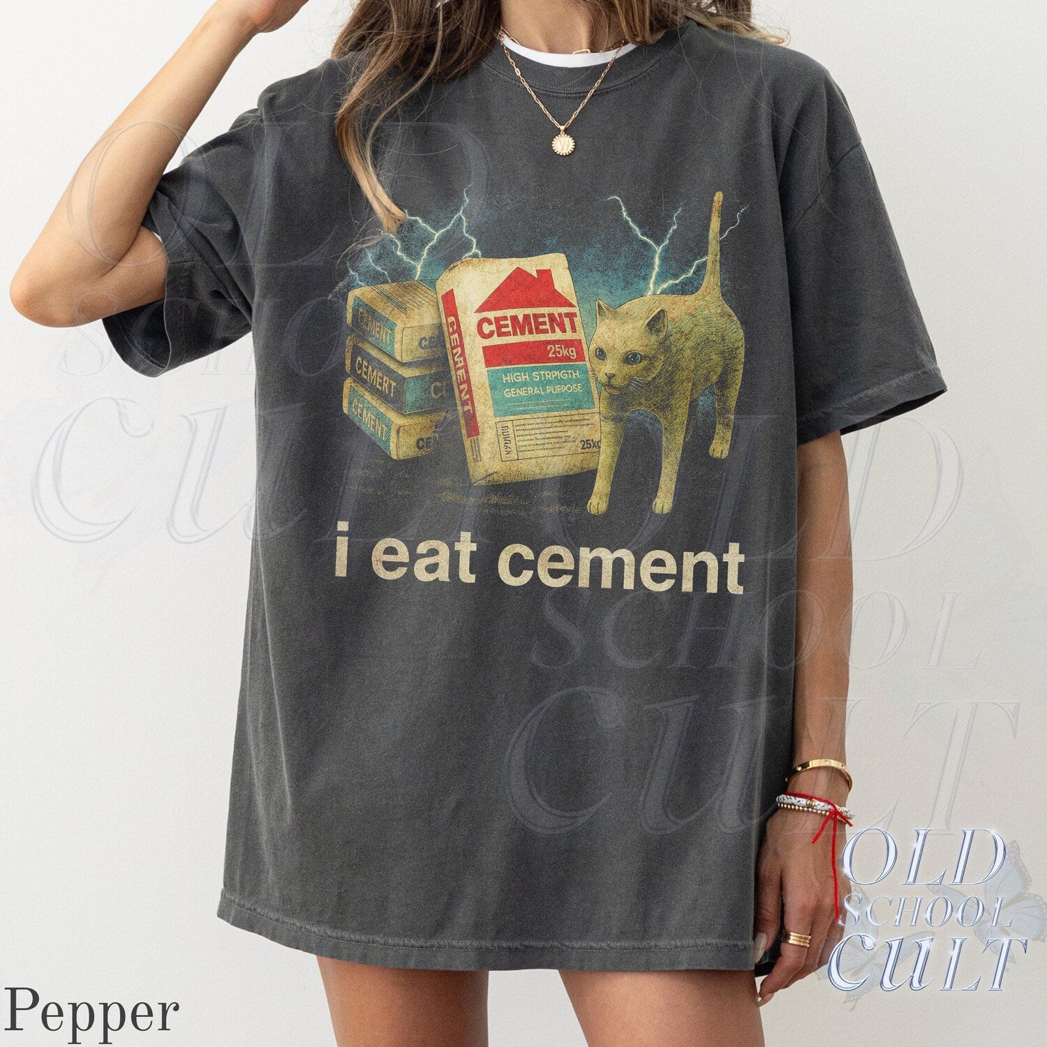 'I Eat Cement' Cursed Cat Meme Tee - Retro 90s Funny Animal Graphic Shirt