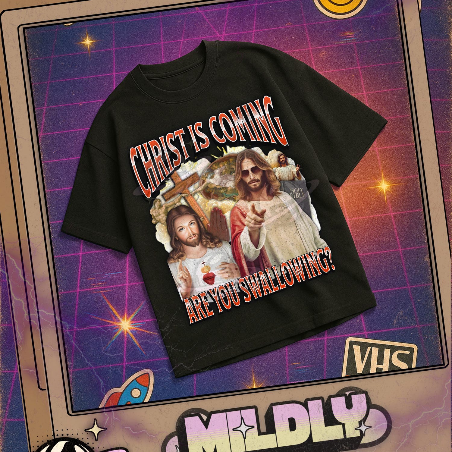 'Christ Is Coming Are You Swallowing' Jesus Meme Tee - Unhinged Offensive Cringe Graphic Novelty Shirt