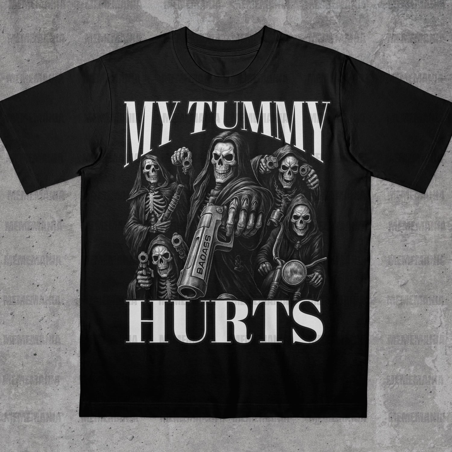 'My Tummy Hurts' Gothic Skeleton Meme Tee - Funny Offensive Graphic Shirt