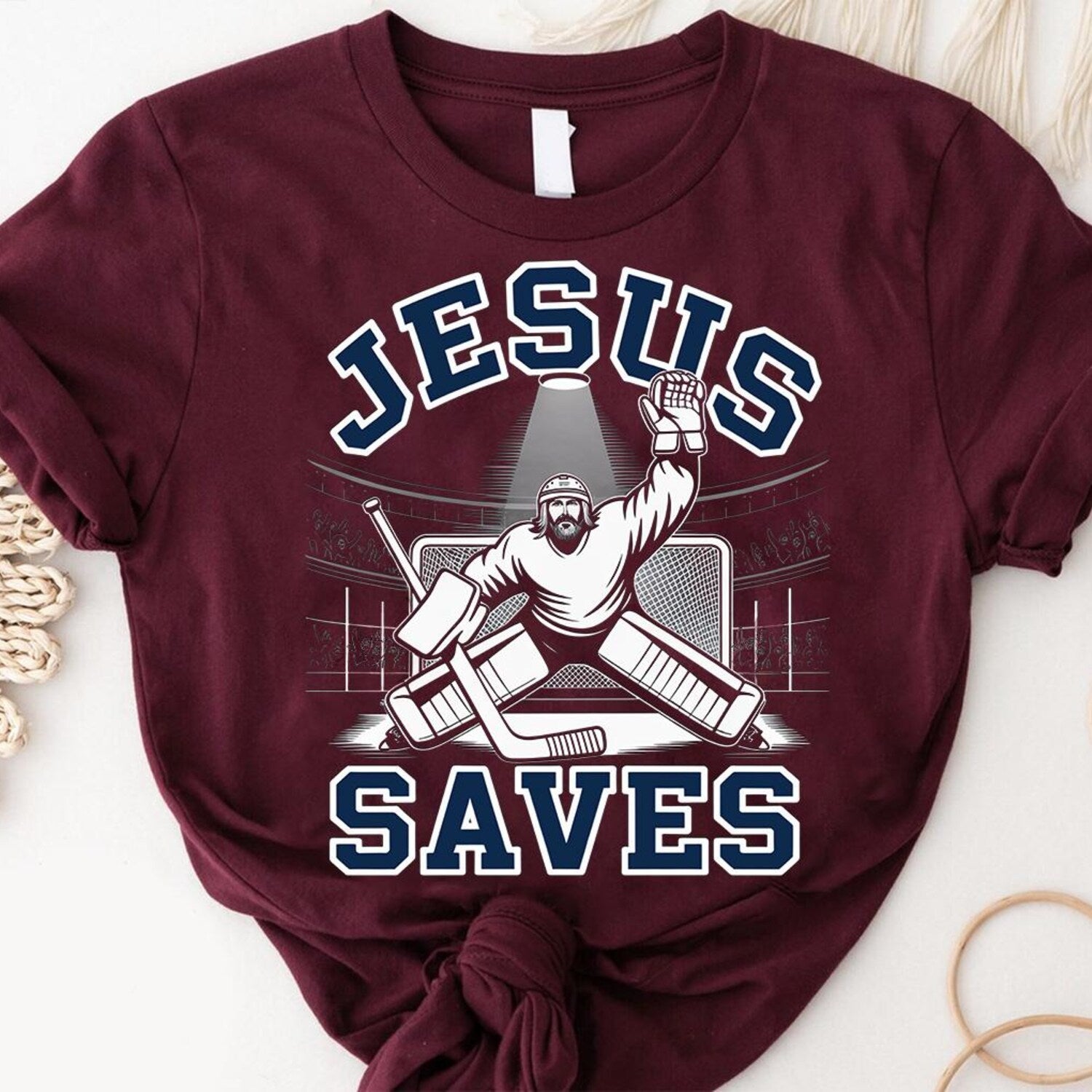 'Jesus Saves Hockey' Goalie Pun Tee - Funny Christian Gaming Graphic Novelty Shirt