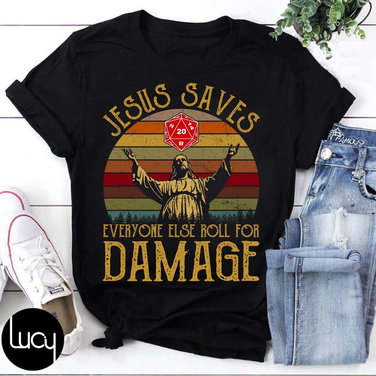 'Jesus Rolls For Damage' Christian DnD Tee - Funny Gaming Religious Graphic Novelty Shirt