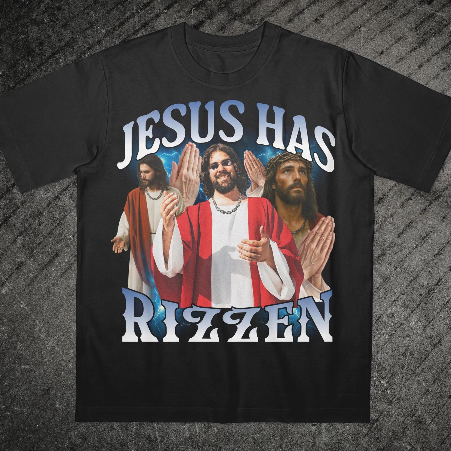 'Jesus Has Rizzen' Christian Meme Tee - Dank 90s Bootleg Graphic Novelty Shirt