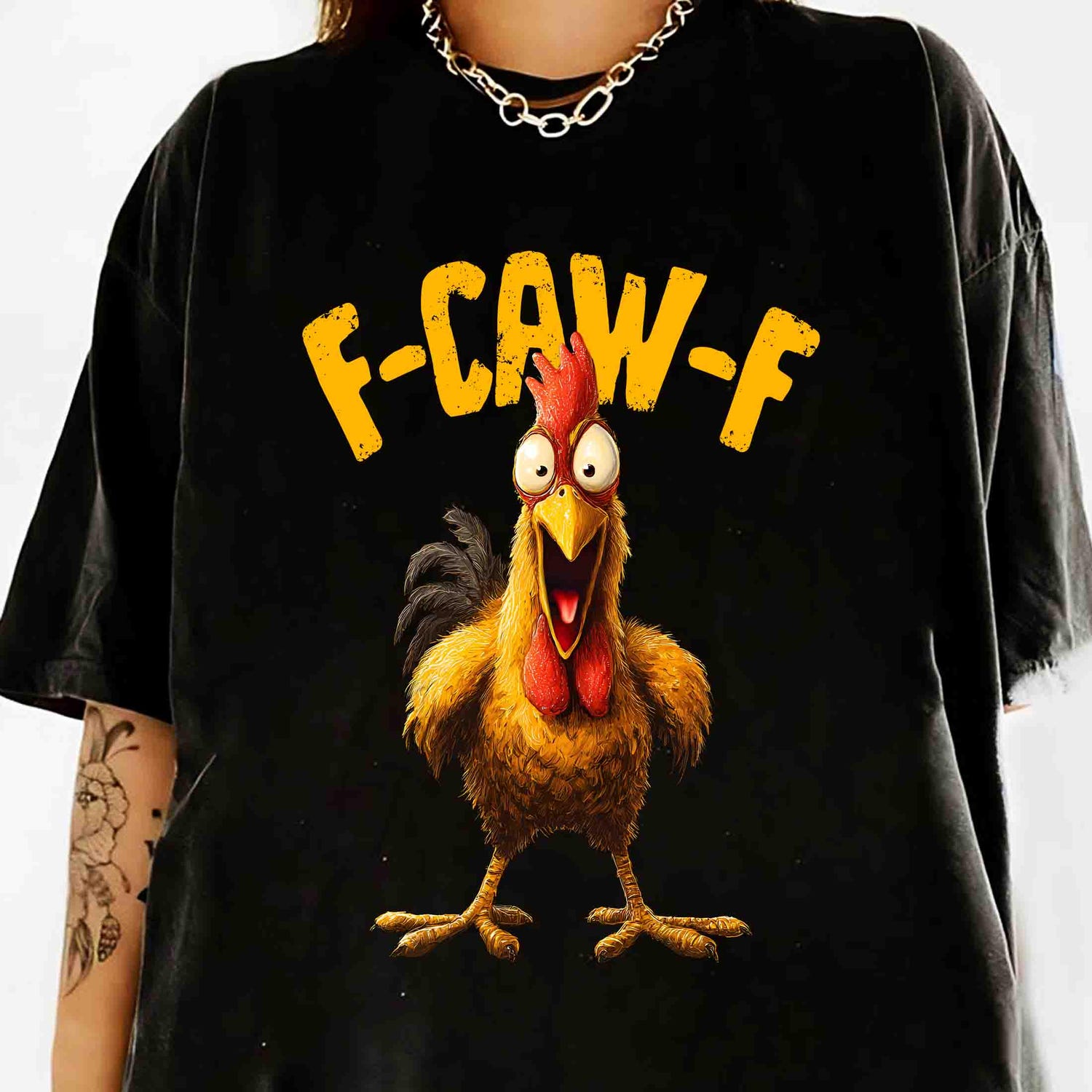 'F-CAW-F Chicken' Funny Rooster Meme Tee - Silly Farm Animal Graphic Novelty Shirt