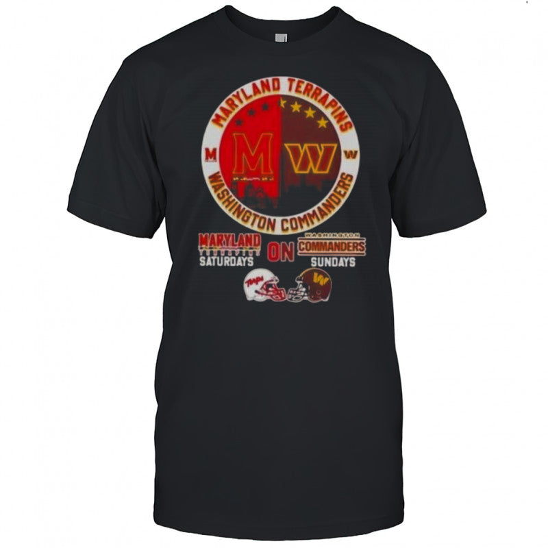 Maryland Terrapins Saturdays On Washington Commanders Sundays Football Helmets Skyline T Shirt