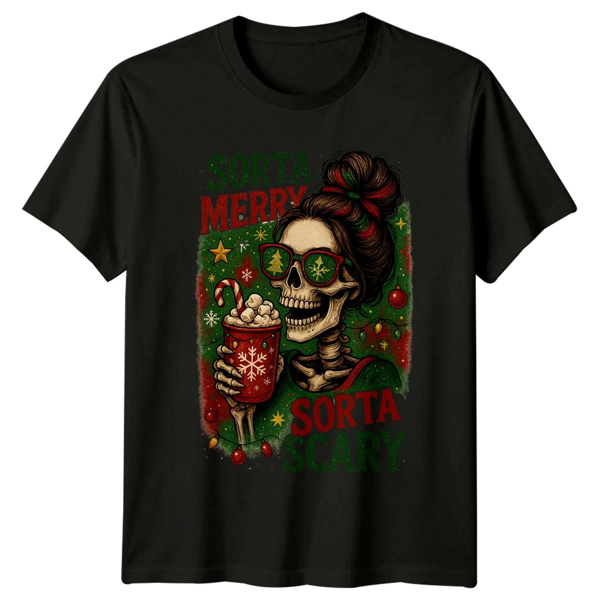 Sorta Merry Sorta Scary Skeleton Christmas Halloween Mens T-shirt Womens Tee